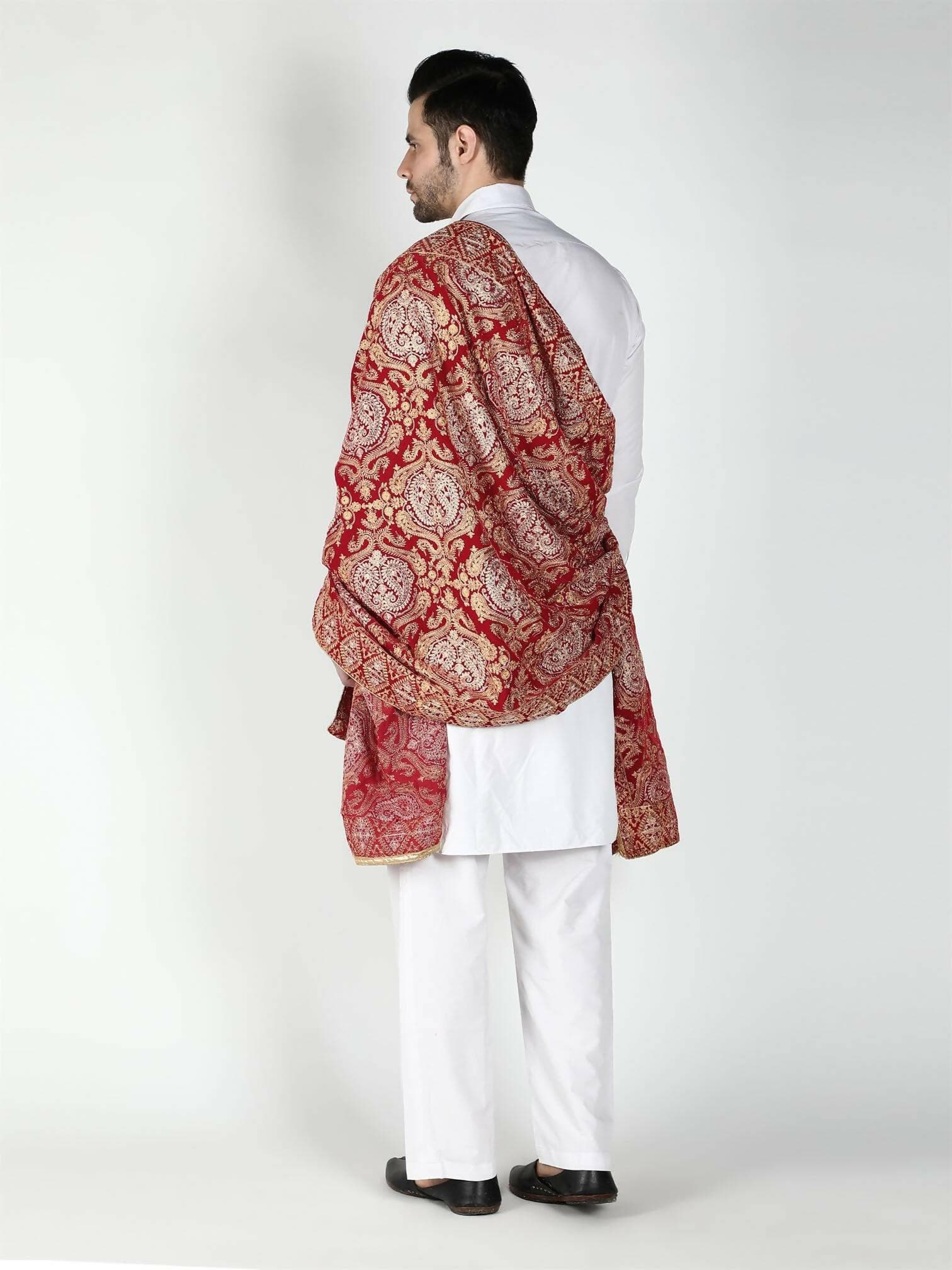 Moda Chales Velvet Dupatta Shawl (Red Cream Gold ) - HalfPe