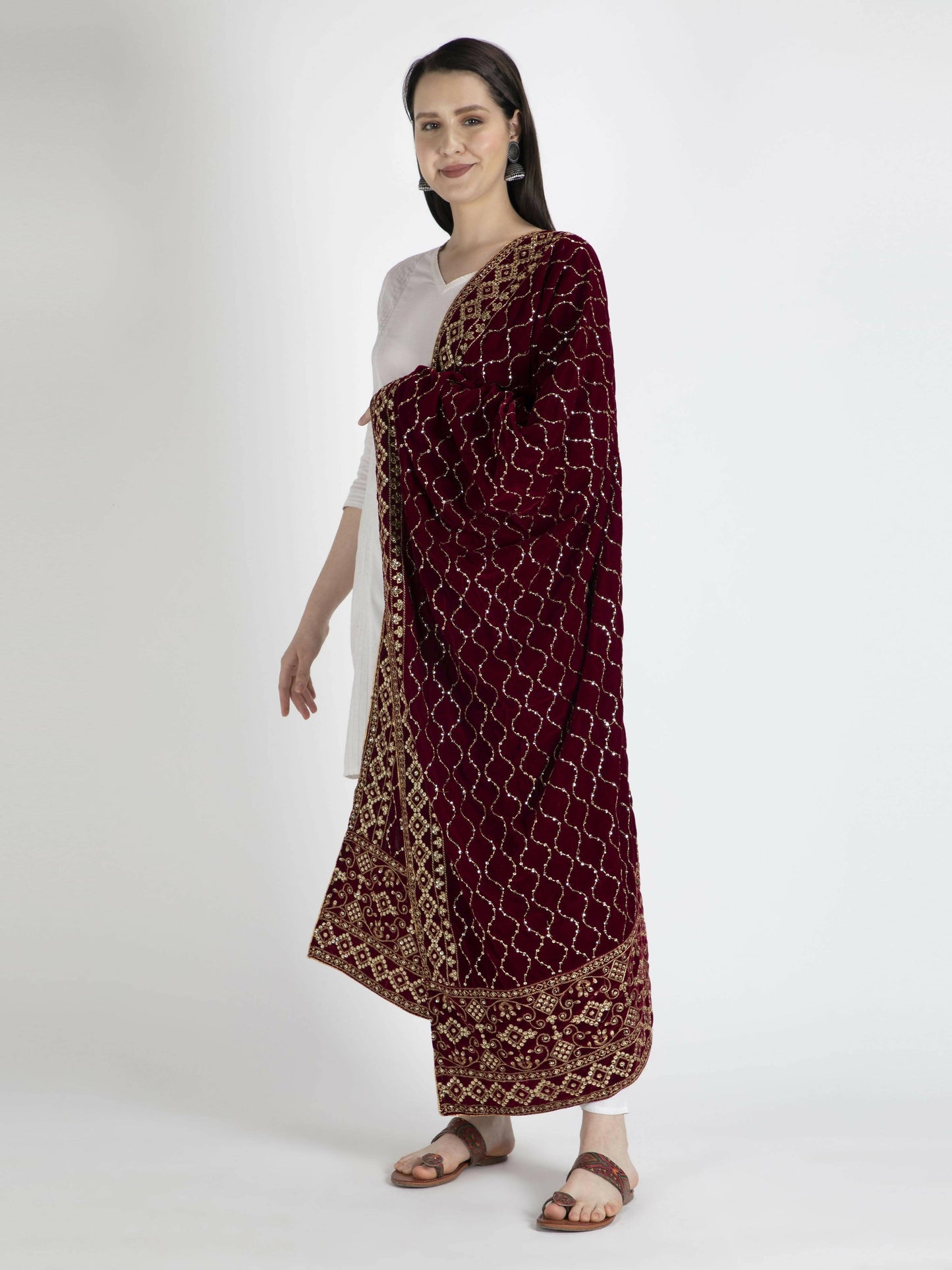 Maroon Embroidered Shawl Dupatta For Women - HalfPe