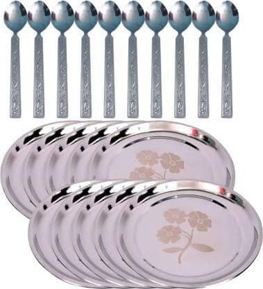 SHINI LIFESTYLE Steel Heavy Gauge Dinner Plates With Spoons (Pack of 20) - HalfPe