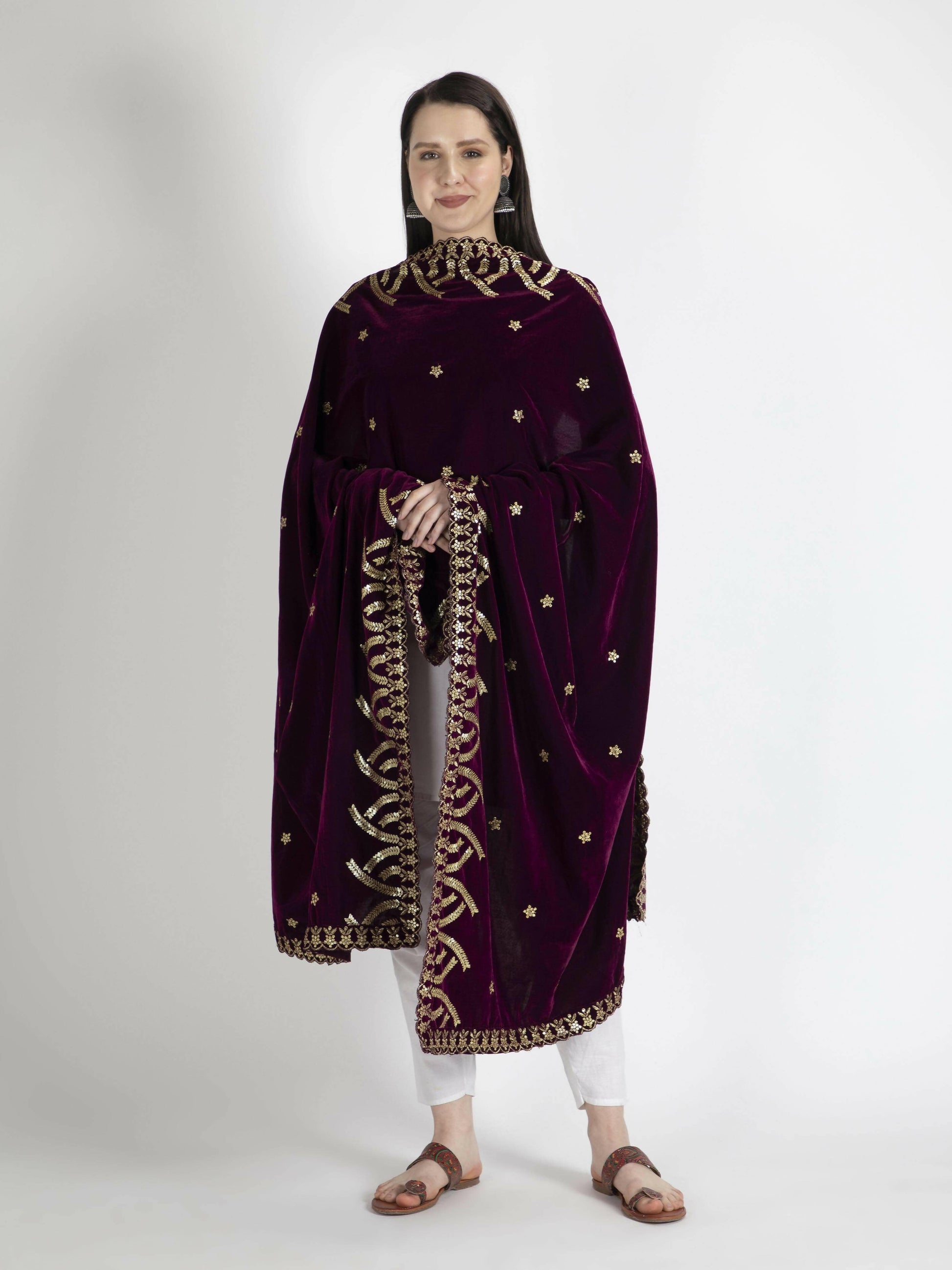 Embroidered Velvet Shawl Dupatta(Purple) - HalfPe