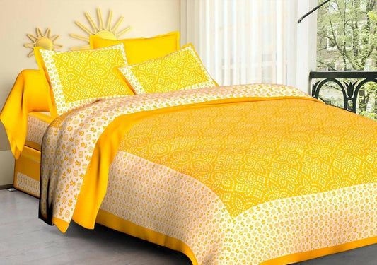 Jaipuri traditional queen size cotton bedsheet with two pillow cover.(Yellow) - HalfPe