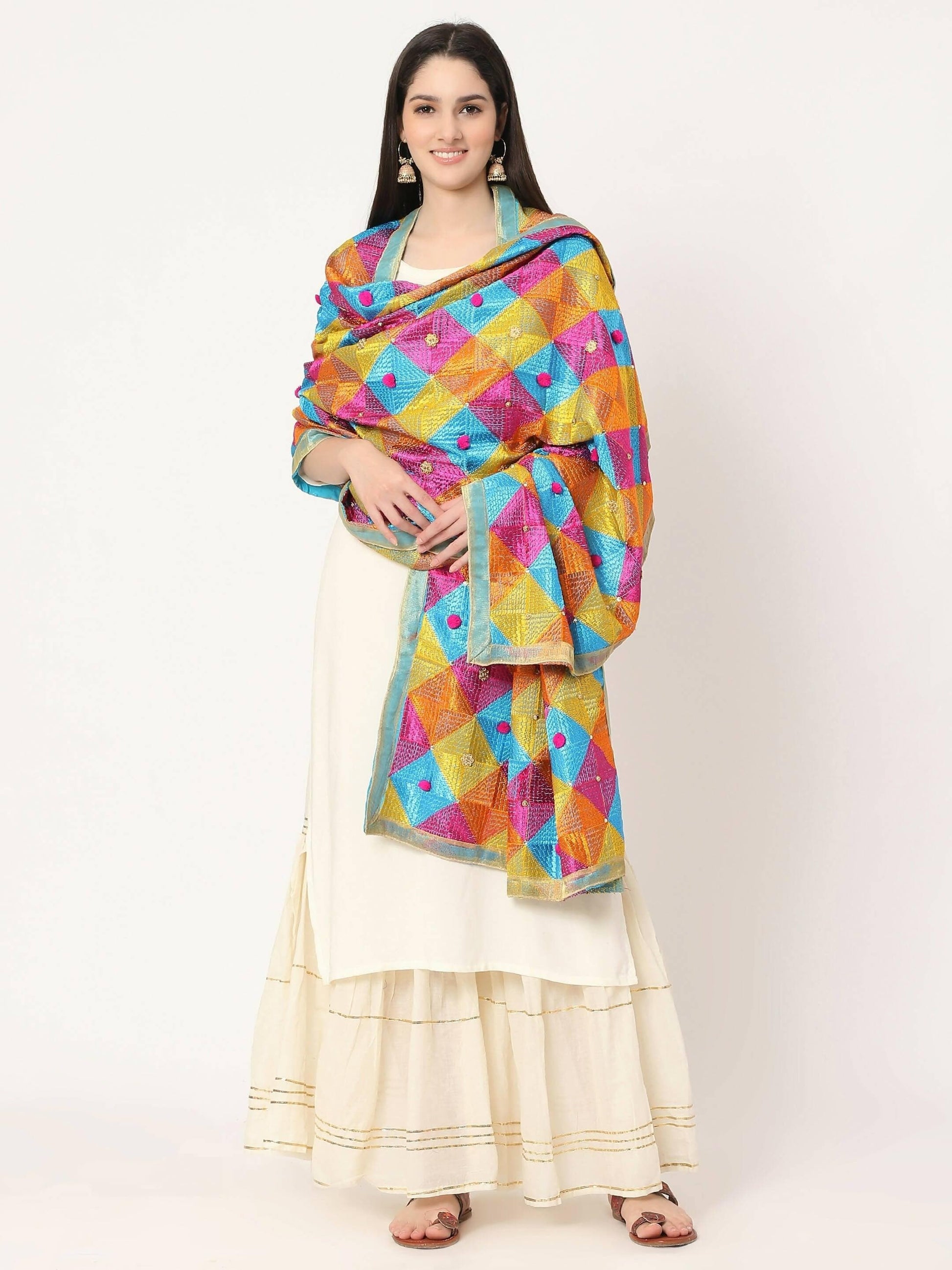 Multicolour Embroidery Phulkari Dupatta with Golden Beads - HalfPe