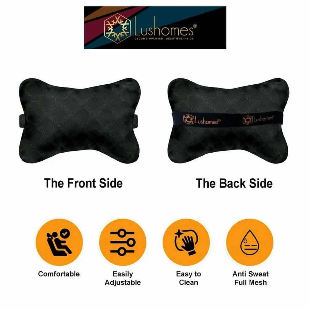 Lushomes Car Cushion Pillows for Neck, Back and Seat Rest, Pack of 4, Embossed Leatherlike Fabric 100% Polyester Material, 2 PCs Bone Neck Rest: 6x10 Inches, 2 Pcs of Car Cushion: 12x12 Inches, Black - HalfPe