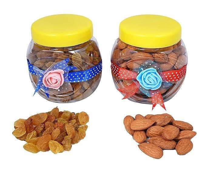 MANTOUSS Diwali Dry Fruit Decorated Jar-Almond and Raisin(100gms Each),200 GMS + 2 Cute diyas, Rangoli Colours and Diwali Greeting - HalfPe