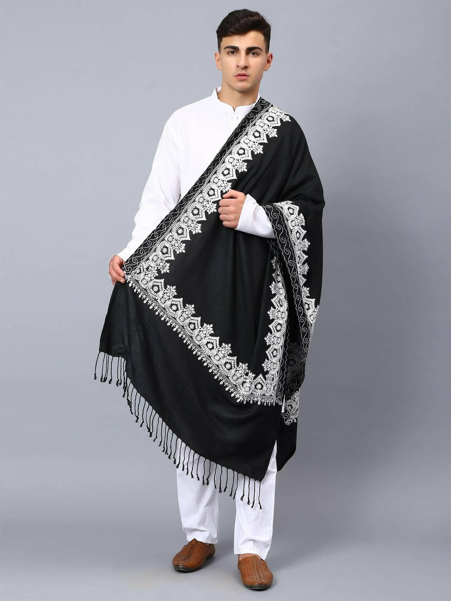 Black White Embroidered Stole - HalfPe