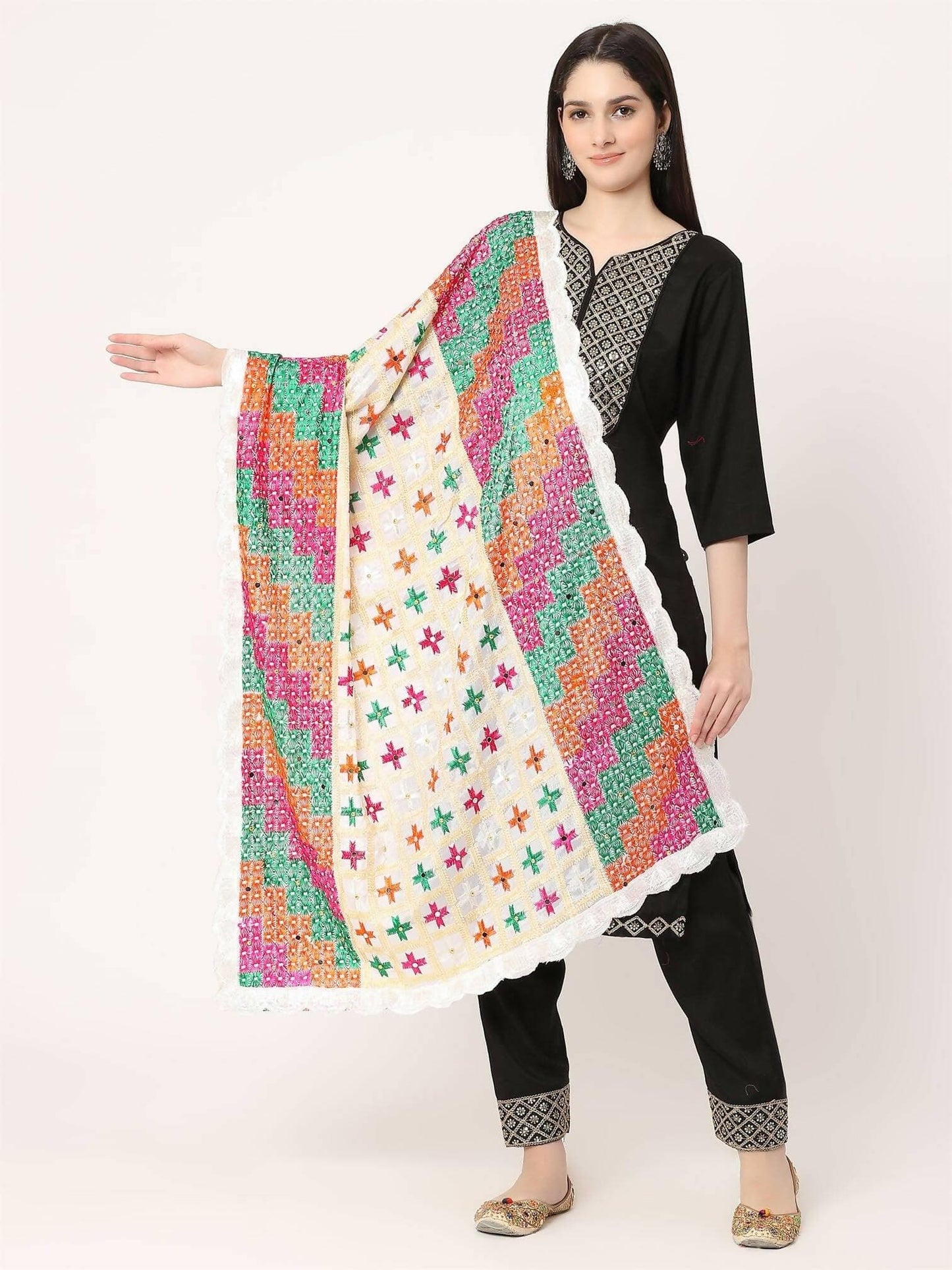 White Multicolour Check Design Embroidery Phulkari Dupatta - HalfPe