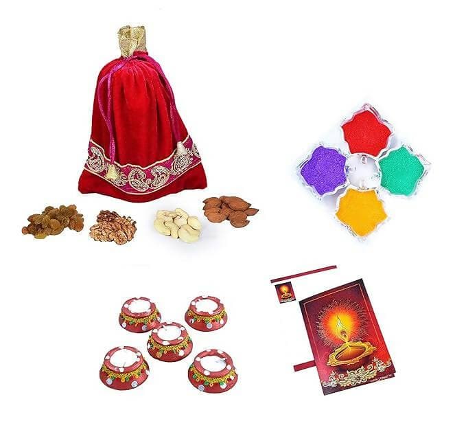 MANTOUSS Premium Diwali Dry Fruit Potli-Cashew,Almond,Walnut and Raisin (100gms Each),400 GMS + 2 Matki Wax Filled Diya, Diwali Greeting Card and Rangoli Colours - HalfPe