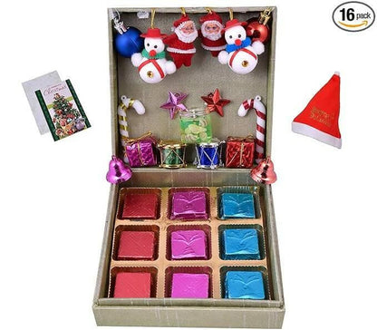 MANTOUSS Christmas Themed Chocolate Gift Box + 1 Glass Candle + Christmas Card + Christmas Tree Decoration Set + Santa Cap - HalfPe