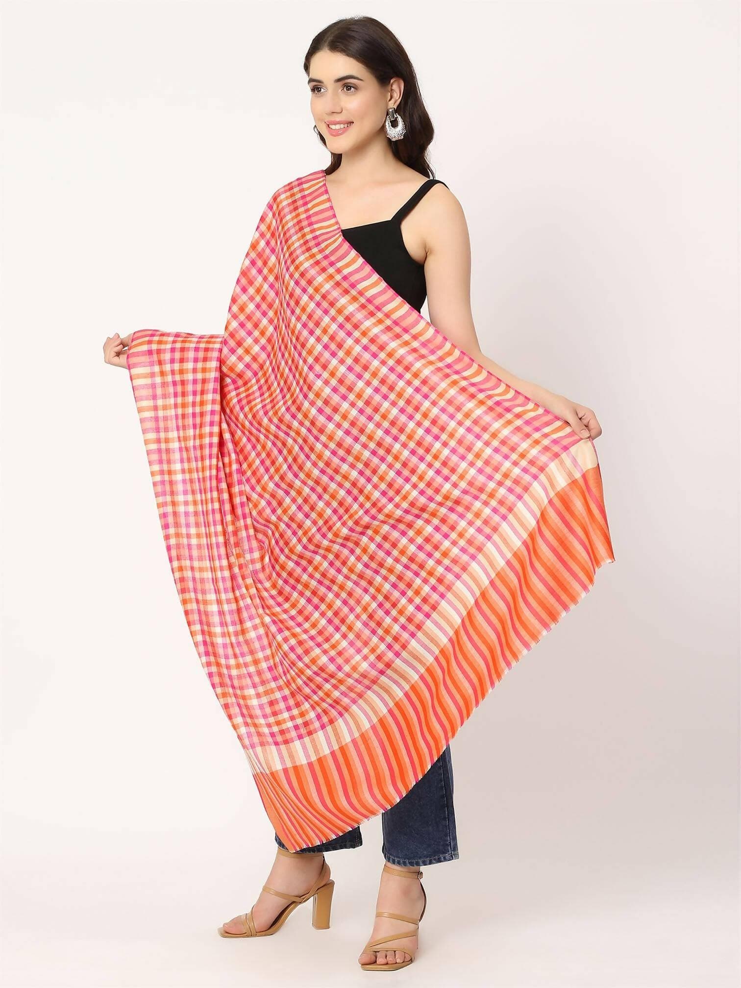 Peach Pink Multicolour Check Shawl for women - HalfPe