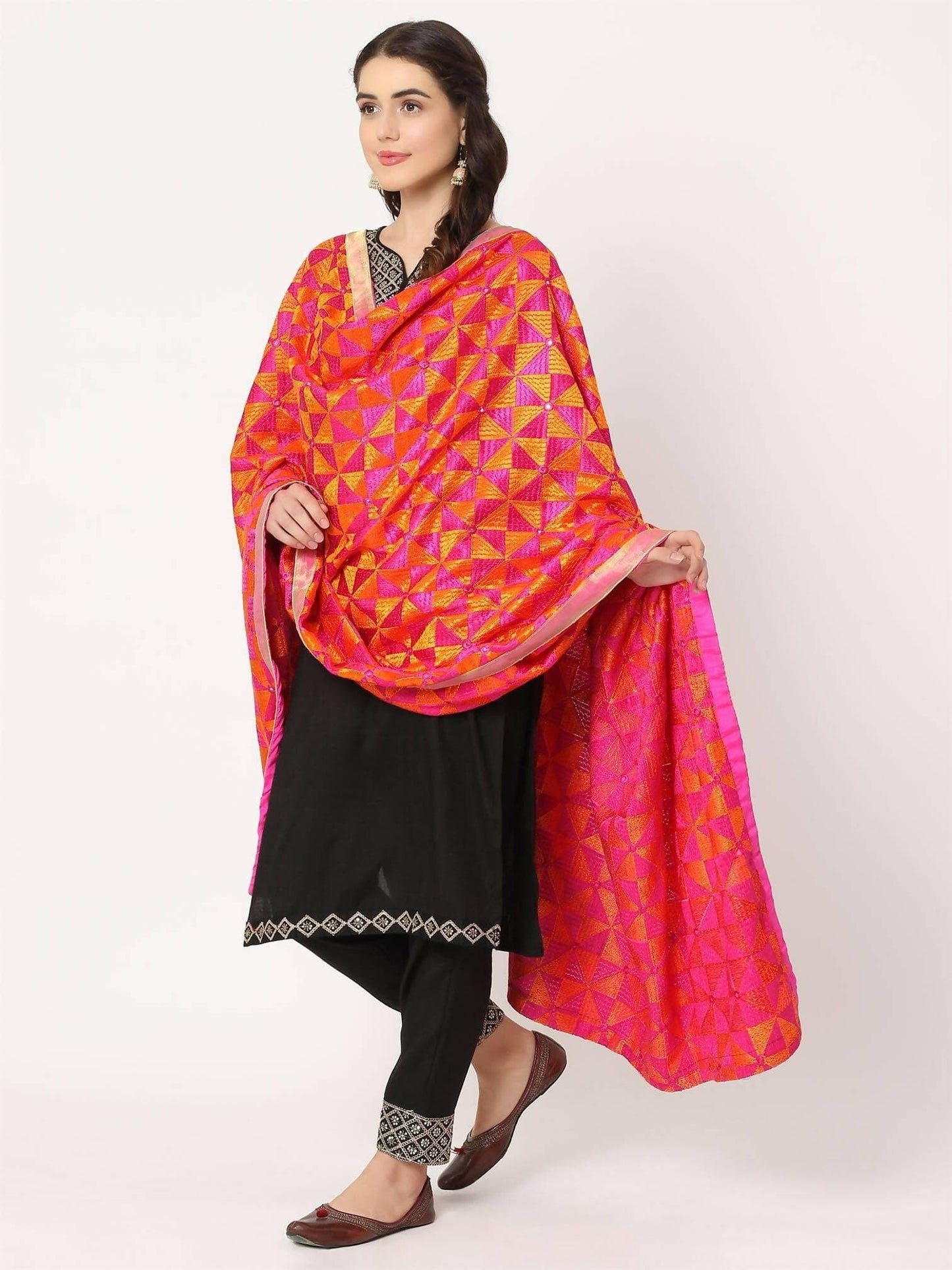 Magenta Orange Phulkari Embroiidery Bagh Dupatta - HalfPe