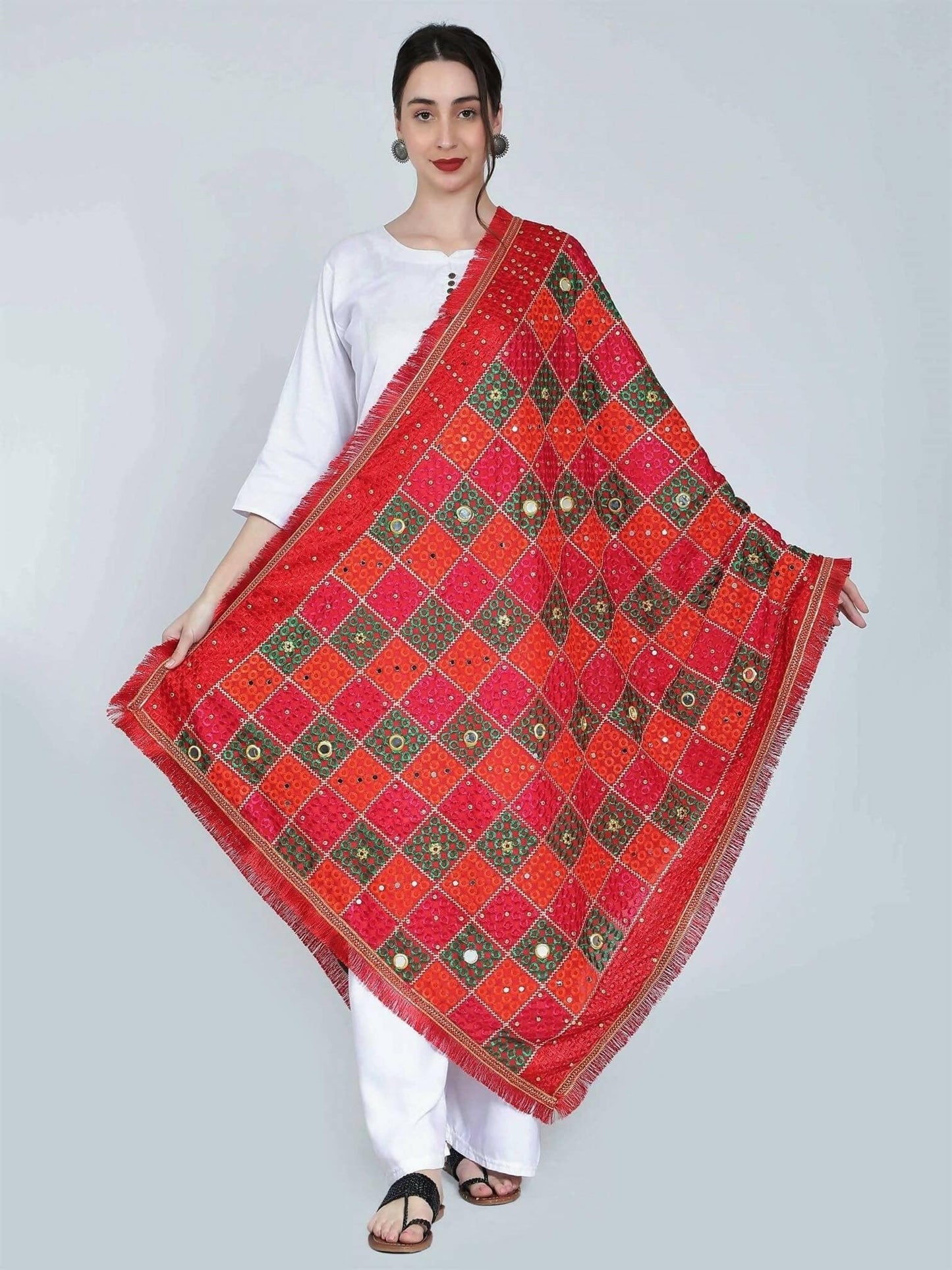 Multicolour Phulkari Dupatta with mirror work (Magenta Green Orange) - HalfPe