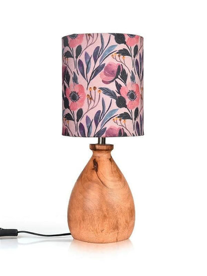 Wooden Dome Table Lamp Pink Floral Shade - HalfPe