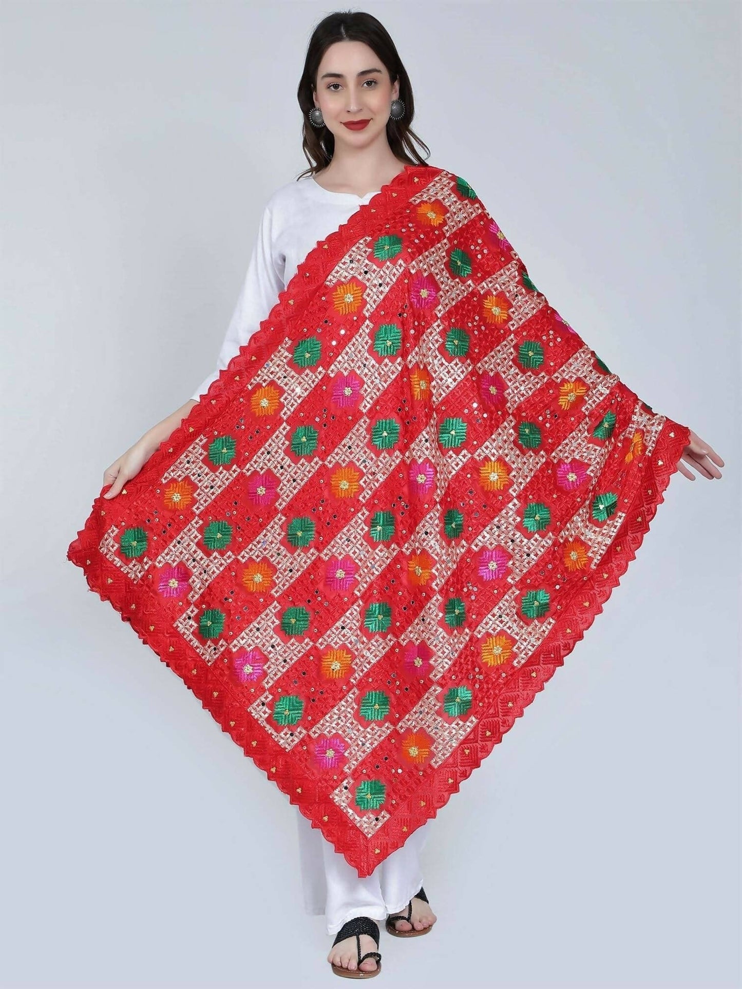 Phulkari dupatta with mirror work (red) - HalfPe