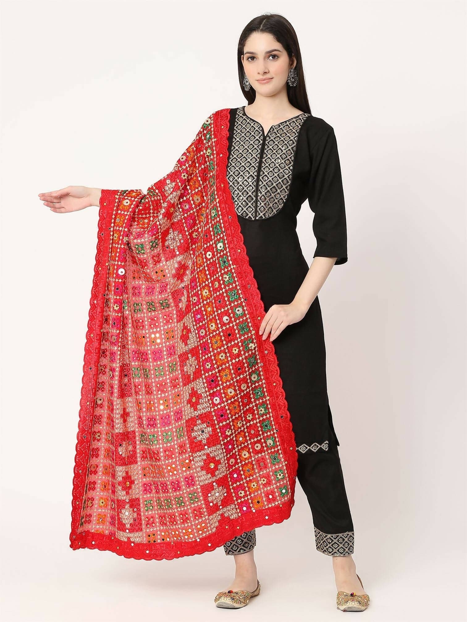 Multicolour Embroidery Phulkari Dupatta With Pearls (red) - HalfPe