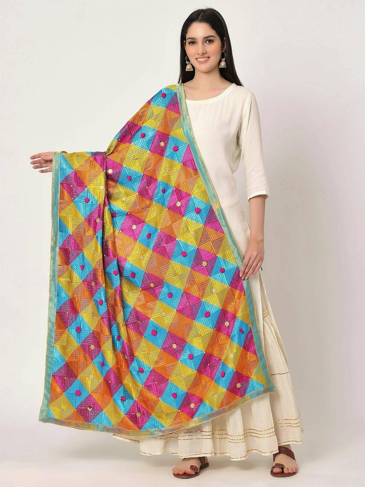 Multicolour Embroidery Phulkari Dupatta with Golden Beads - HalfPe