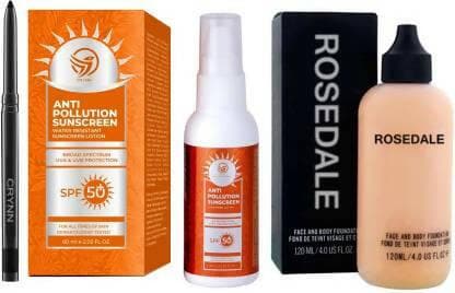 Crynn Smudge Proof Essential Makeup HD3 Beauty Kajal & Anti Pollution Broad Spectrum SPF 50+ Sunscreen & Rosedale New York Edition Face & body Foundation (3 Items in the set) - HalfPe