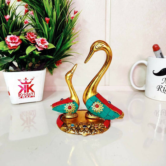 KridayKraft Metal Love Birds swan Set Pair of Kissing Duck Metal Statue, Standard (Gold) - HalfPe