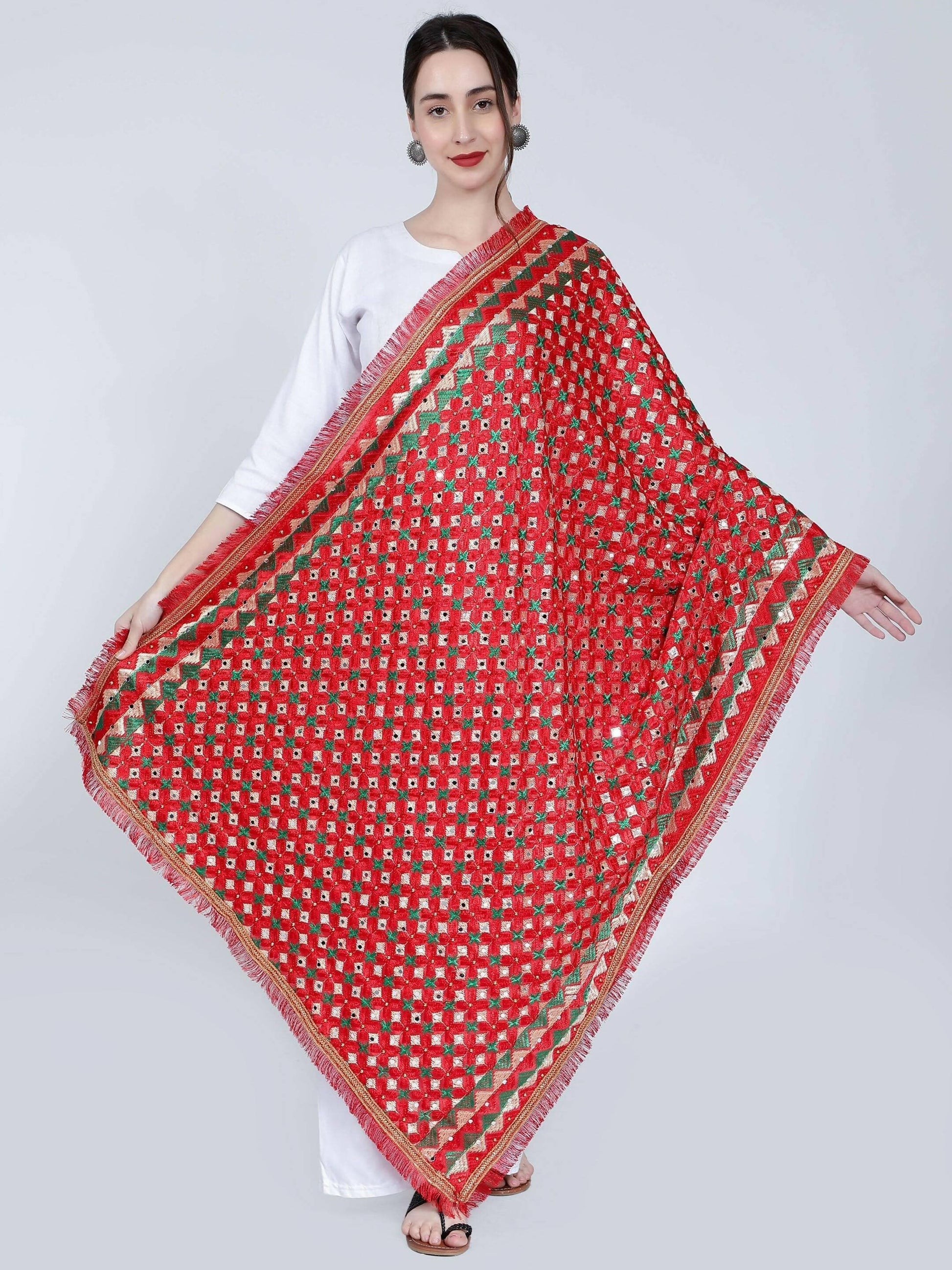 Phulkari Dupatta with Beads (Red and Green) - HalfPe