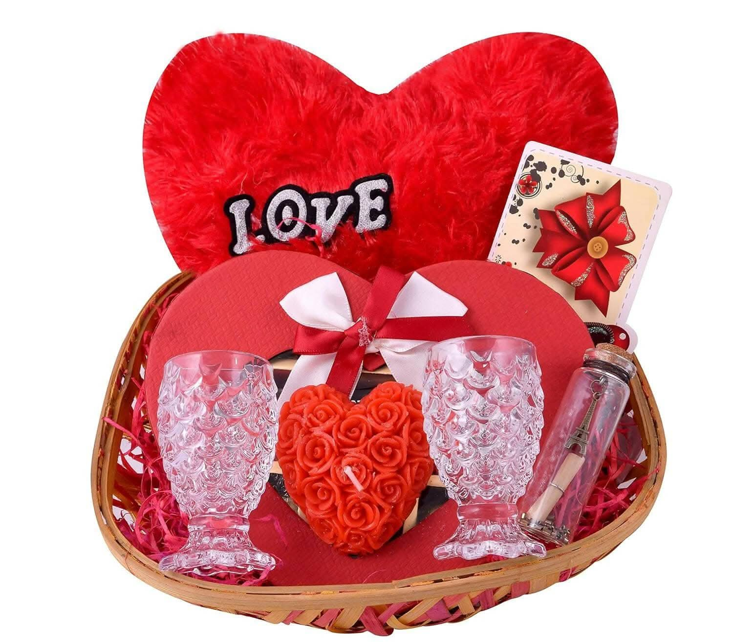 MANTOUSS Valentines Day Love Gift of Chocolate Basket-Decorated Basket+Heart Shaped Chocolate Box+Heart Shaped Love Candle+2 Shot Glasses+Fur Love Heart+Love Message Bottle - HalfPe