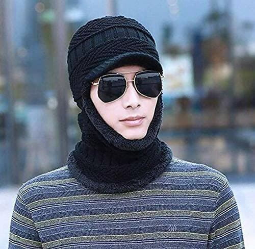 Solid Hat And Scarf One Piece Hat, Winter Fleece Lining Wool Beanie Hat Neck Warmers Two In One For Men's & Women's Cap - HalfPe