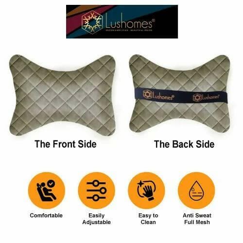 Lushomes Car Neck Rest Pillow, Foam Seat Support, Premium Quilted Velvet Support for Neck, Cervical, Head and Avoids Pain, Set of 2 Pcs, 6x10 Inches, Grey - HalfPe