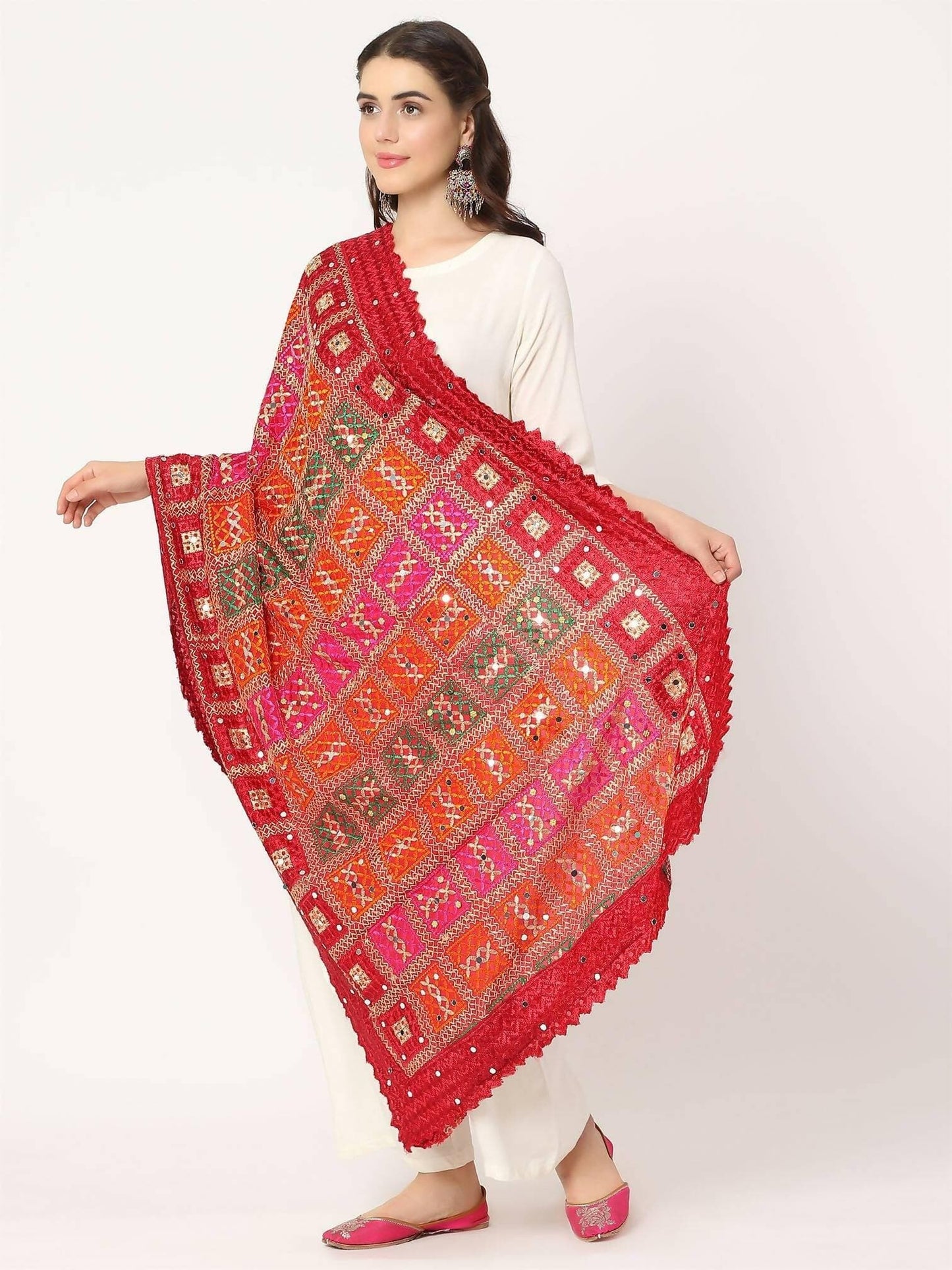 Maroon Multicolour Embroidery Phulkari Dupatta with Mirror Work - HalfPe