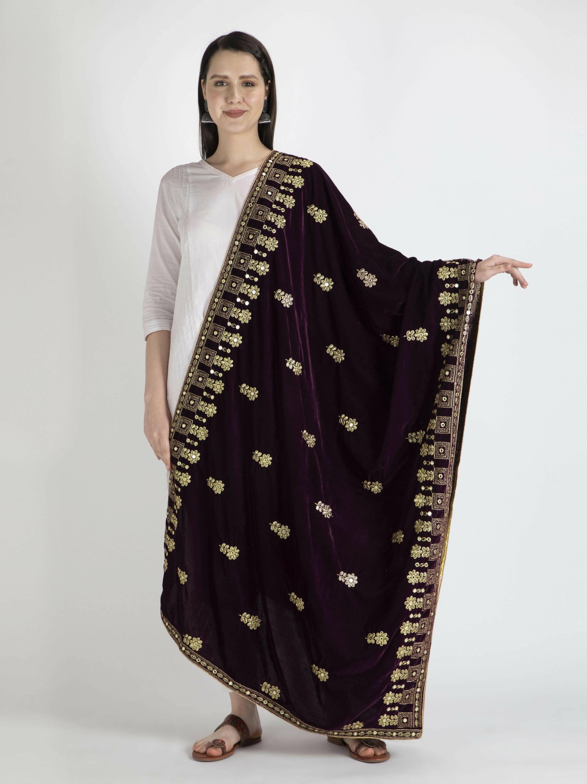 Embroidered Velvet Shawl Dupatta (purple) - HalfPe