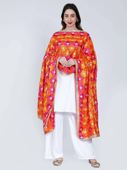 Multicolour Phulkari Dupatta (Orange and Magenta) - HalfPe