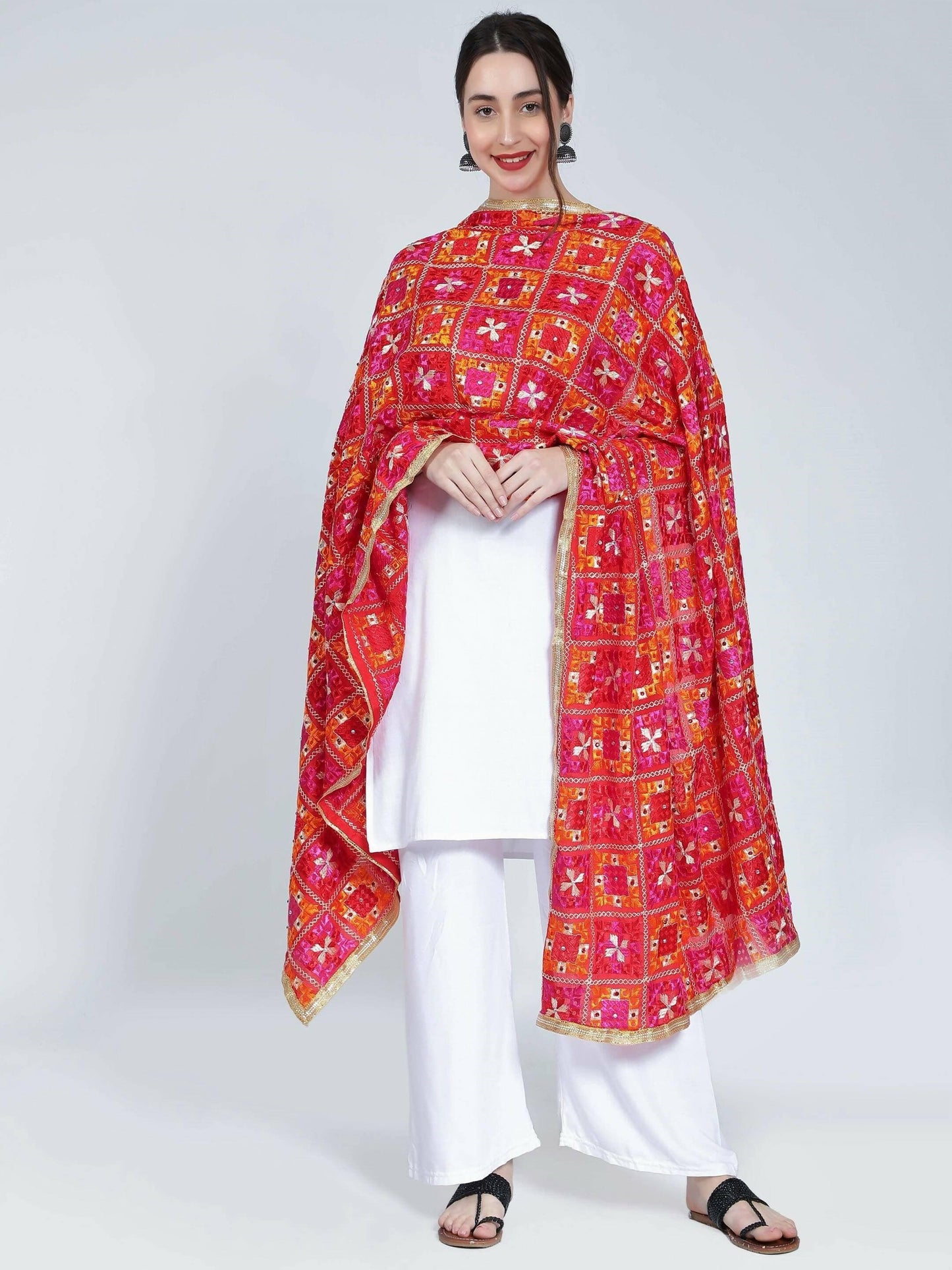 Multicolour Phulkari Dupatta (Magenta Orange Red) - HalfPe