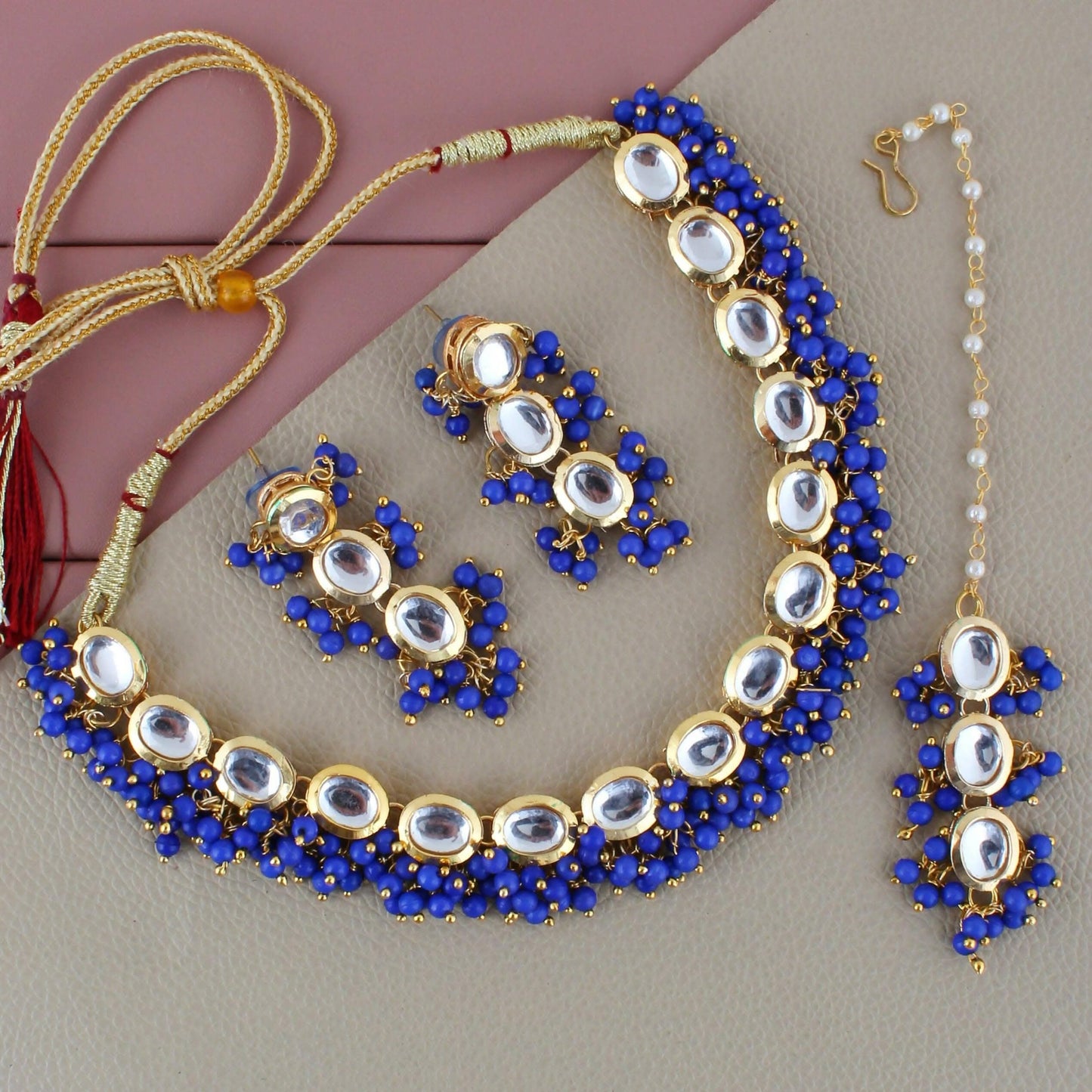 LUCKY JEWELLERY Back Meenakari 18k Gold Plated Blue Color Tika Earring Combo Uncut Big Faux Kundan Choker Necklace set (796-J5SK-1811-B) - HalfPe