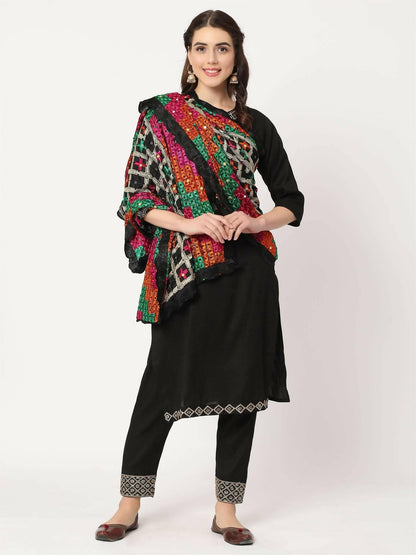 Black Multicolour Check Design Phulkari Dupatta - HalfPe