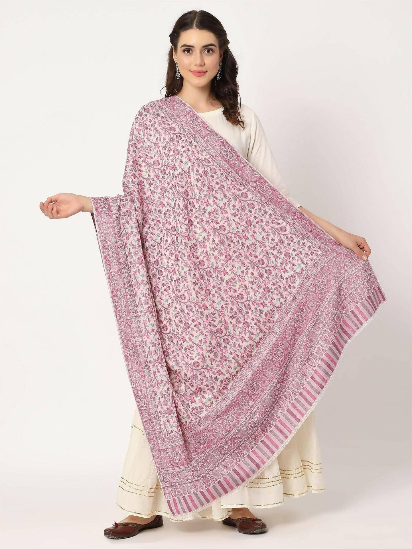 White Fine Wool Kani Shawl for women - HalfPe