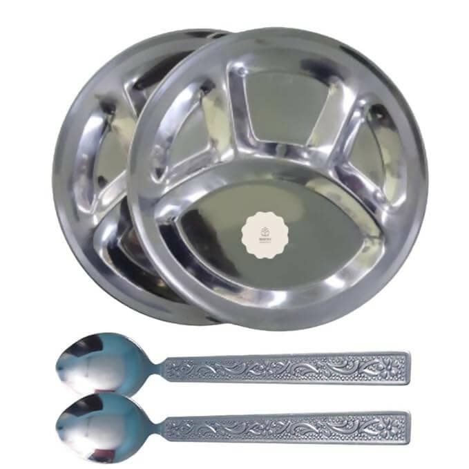 SHINI LIFESTYLE Bhojan Thal, 4 Column, Thali Sectioned Plate 2pc with Spoon Set (pack of 4) - HalfPe