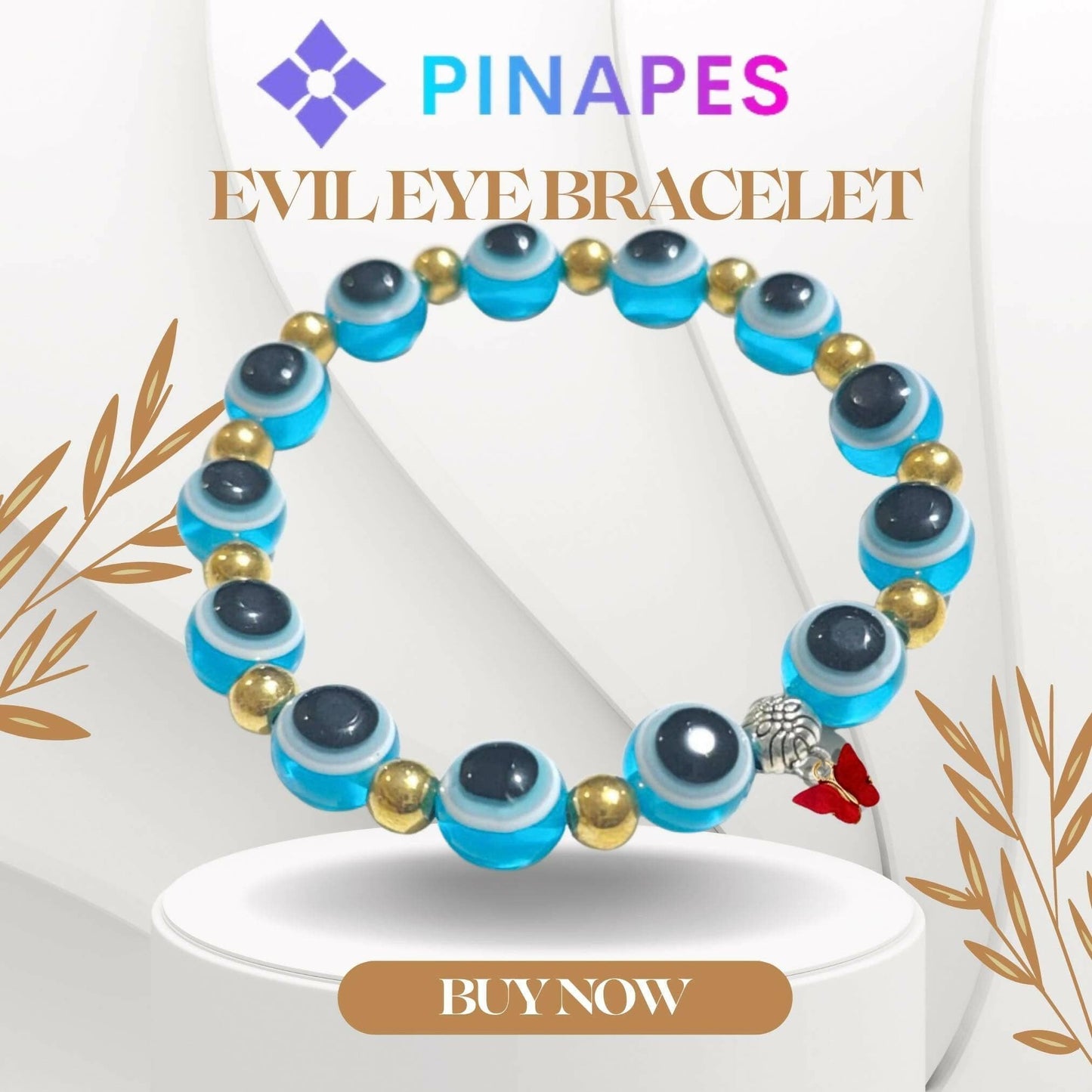 Pinapes Butterfly Beads and Evil Eye Charm Bracelet A Must-Have for Fashionable and Superstitious Women with red butterfly (sky blue) - HalfPe