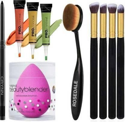 Crynn Rosedale Ultimate Beauty Blender Sponge Puff & LA Orange Yellow Green Spot Concealer Corrector & Oval Perfect Glaze Makeup Brush (5 Items in the set) - HalfPe