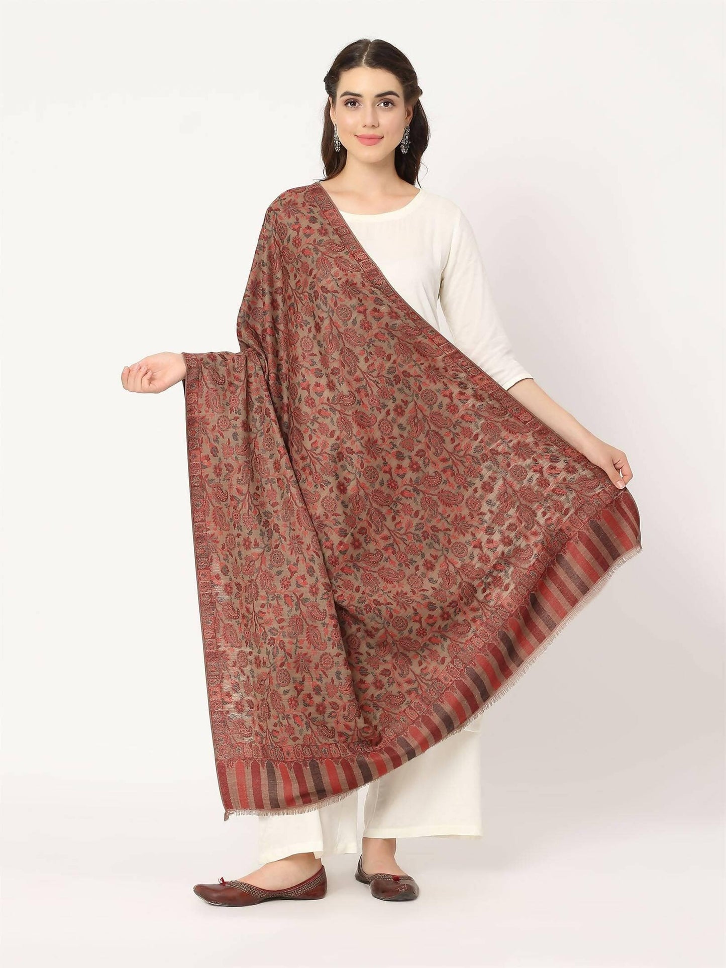 Light Brown Fine Wool Kani Shawl for women - HalfPe