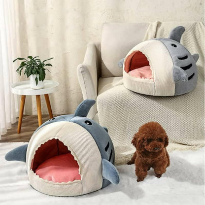 PetGains PGZ Soft Plush Cushion Shark Shape Cave Bed (Blue – Large) - HalfPe