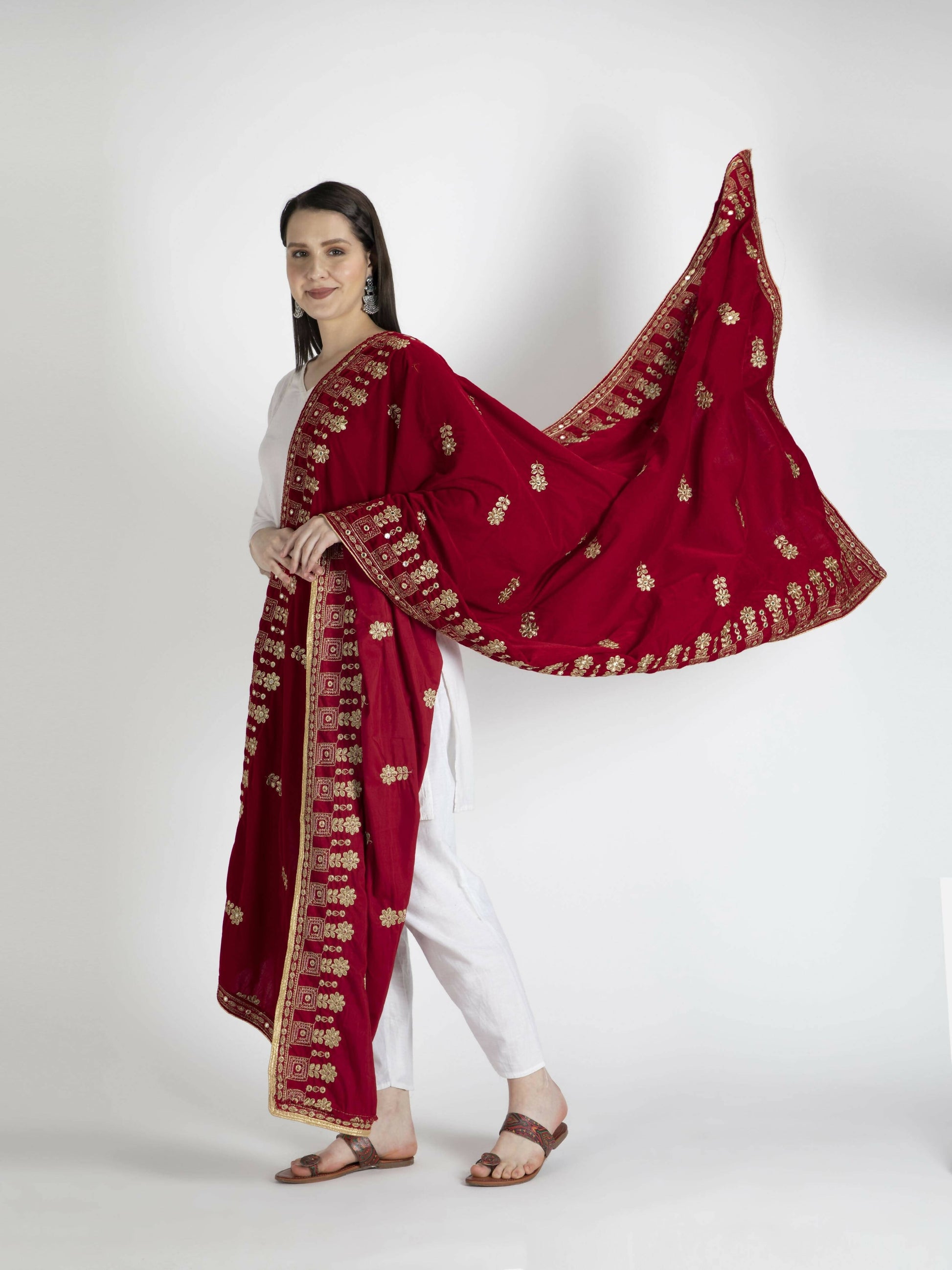 Embroidered Velvet Shawl Dupatta (dark red) - HalfPe