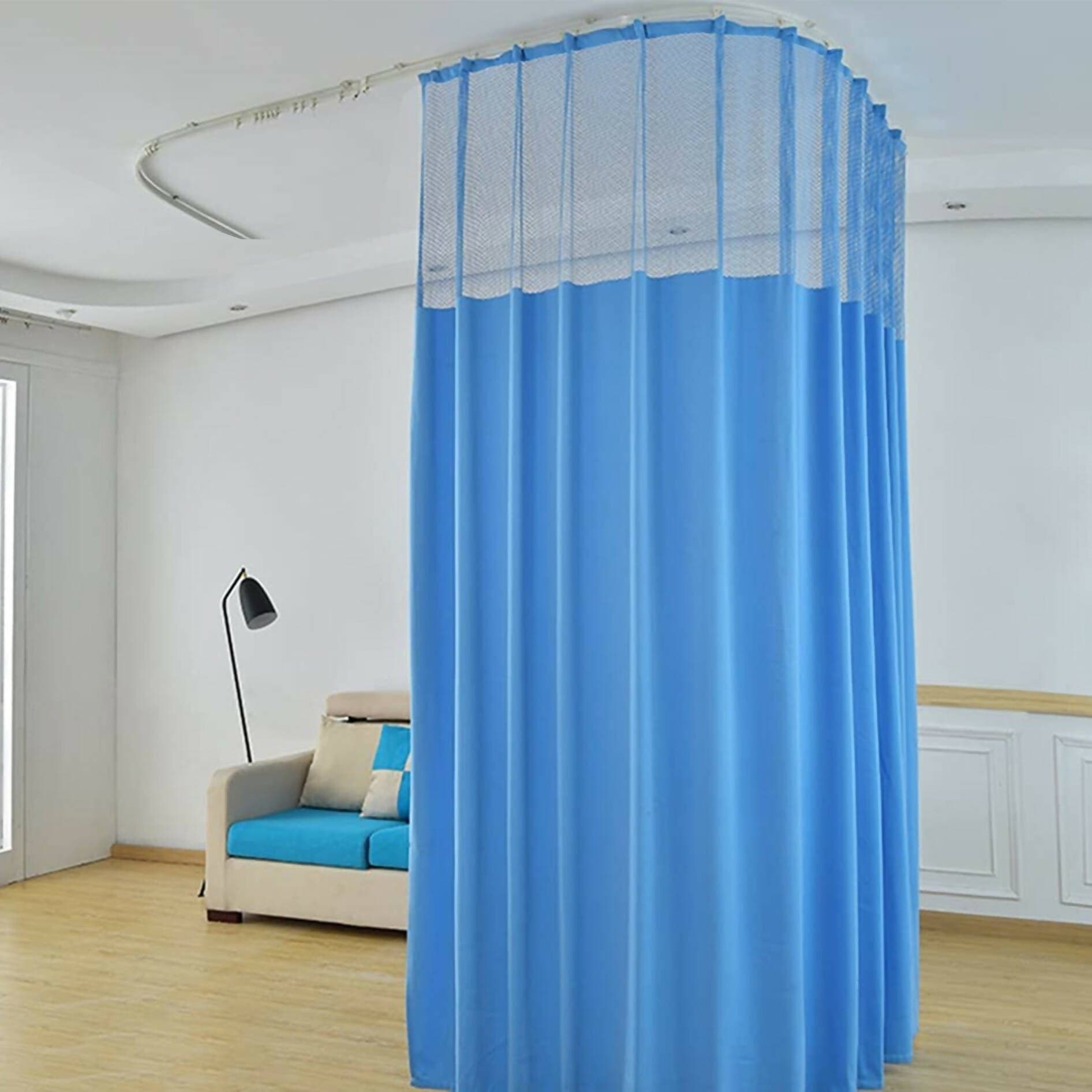 Hospital Partition Curtains, Clinic Curtains Size 12 FT W x 7 ft H, Channel Curtains with Net Fabric, 100% polyester 24 Rustfree Metal Eyelets 24 Plastic Hook, Medical Blue, (12x7 FT) - HalfPe