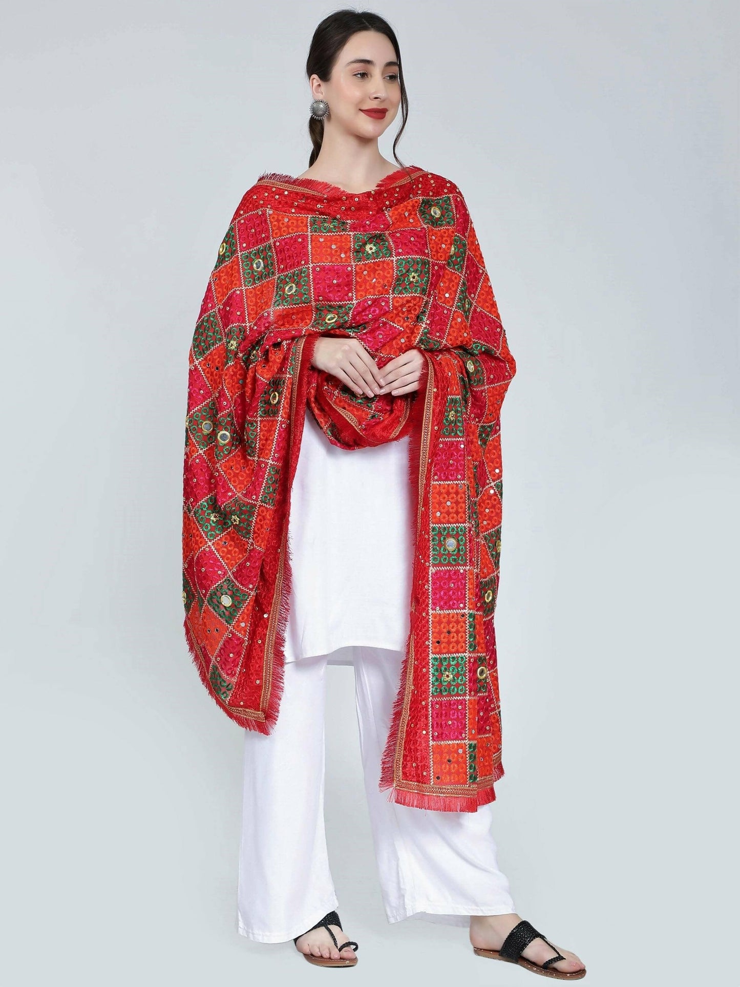 Multicolour Phulkari Dupatta with mirror work (Magenta Green Orange) - HalfPe