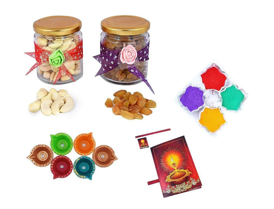 MANTOUSS Diwali Dry Fruit Decorative Glass Jar-Cashew and Raisins(100gms Each),200 GMS + 2 Cute diyas, Rangoli Colours and Diwali Greeting - HalfPe