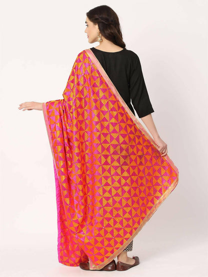 Magenta Orange Phulkari Embroiidery Bagh Dupatta - HalfPe