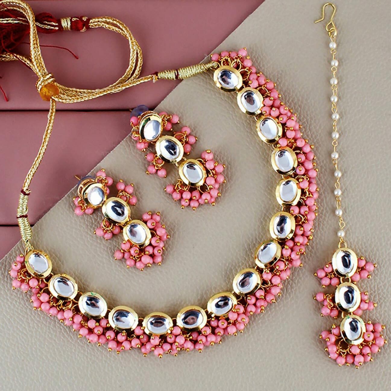 LUCKY JEWELLERY Back Meenakari 18k Gold Plated Pink Color Tika Earring Combo Uncut Big Faux Kundan Choker Necklace set - HalfPe