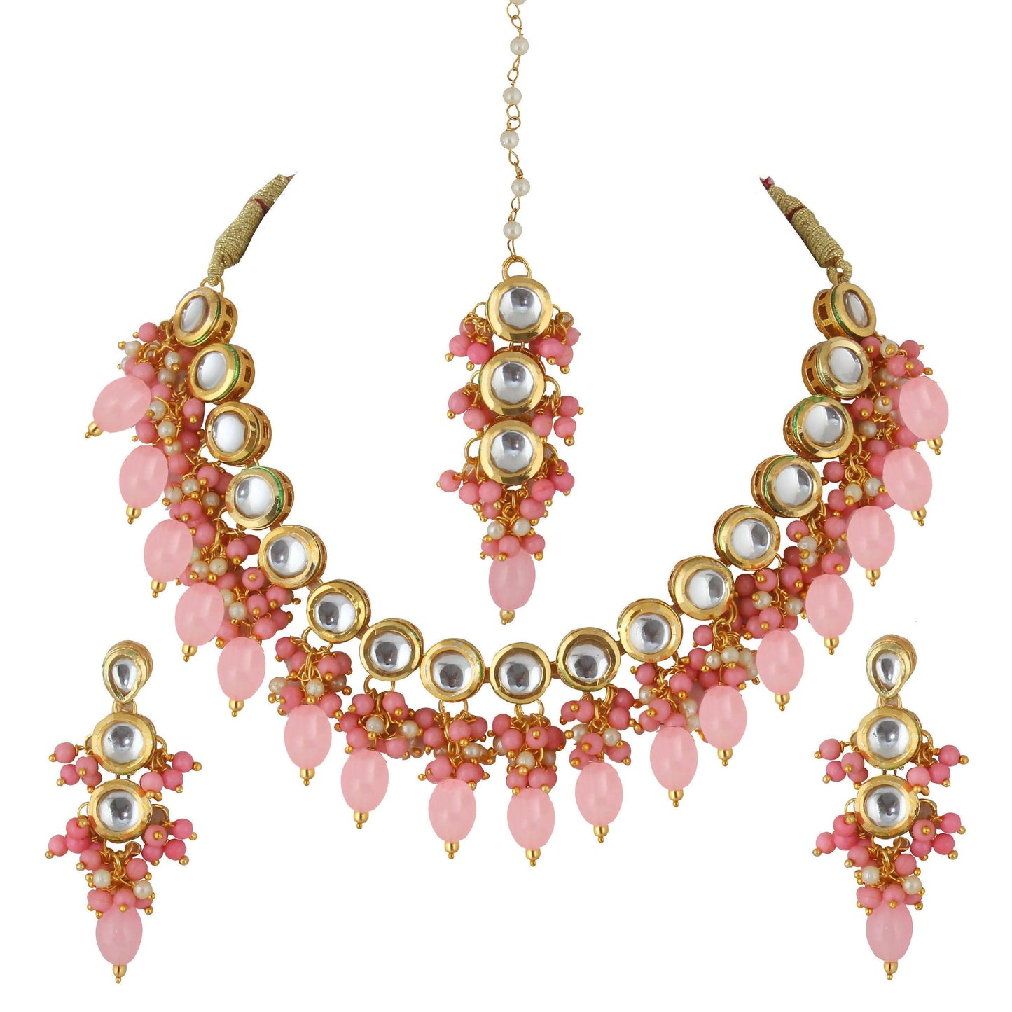 LUCKY JEWELLERY Back Meenakari 18k Gold Plated Peach Color Tika Earring Combo Uncut Big Faux Kundan Choker Necklace set - HalfPe