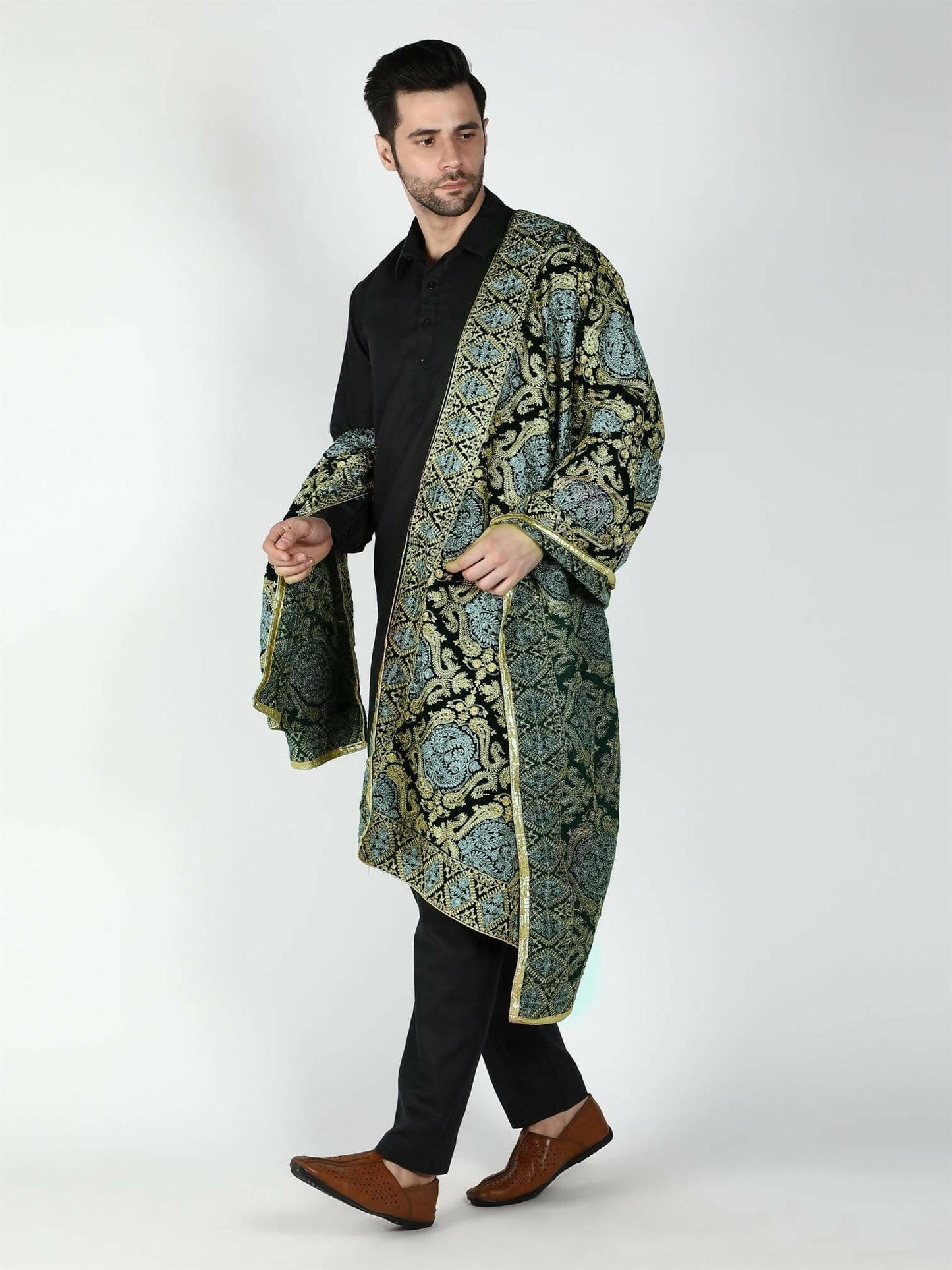 Moda Chales Men's Velvet Shawl (Green, Silver ,Gold ) - HalfPe