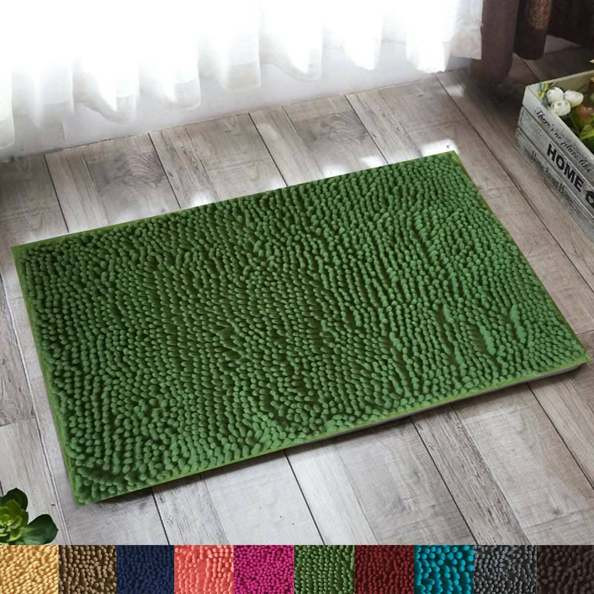 Lushomes bathroom mat, anti slip mat for bathroom floor, 1200 GSM Floor Mat with High Pile Microfiber, door mats for bathroom, kitchen mat, mats (16 x 24 Inch, Single Pc, Green) - HalfPe