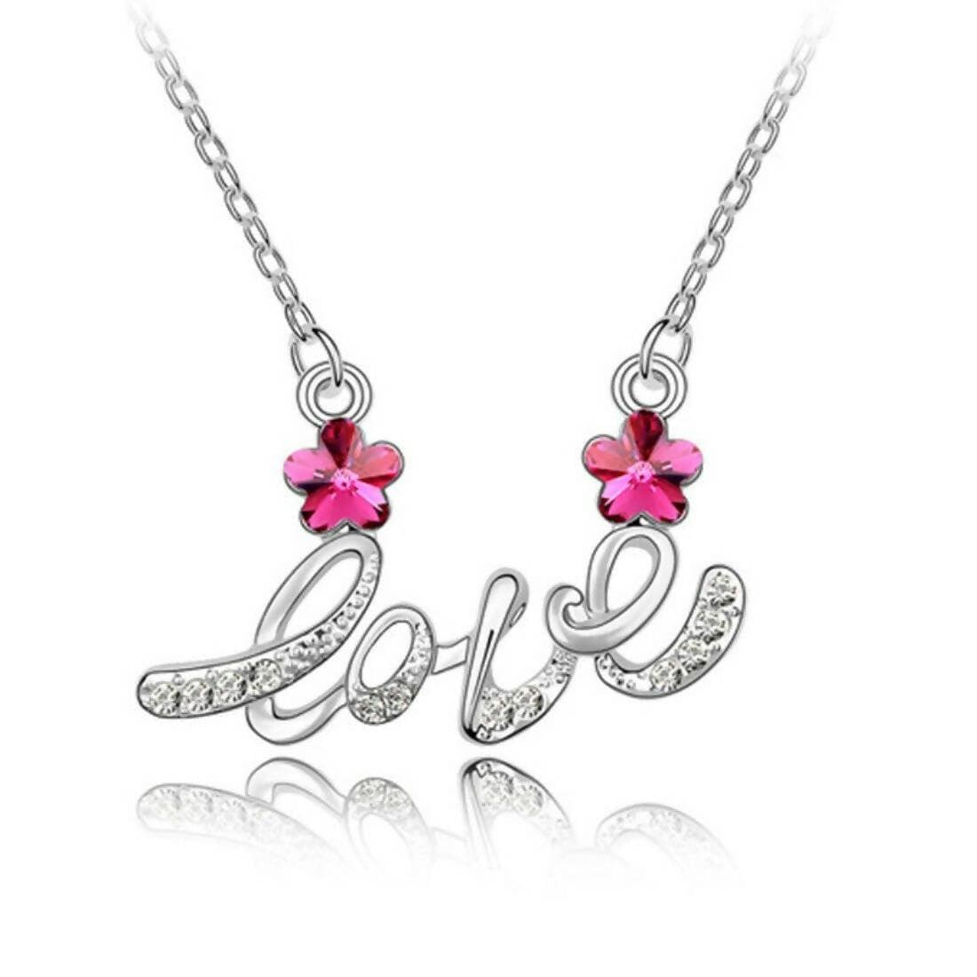 SENECIO Love Letter Pink Floral Austrian Crystal Silver Plated Women Pendant Necklace Wedding Engagement Jewelry - HalfPe