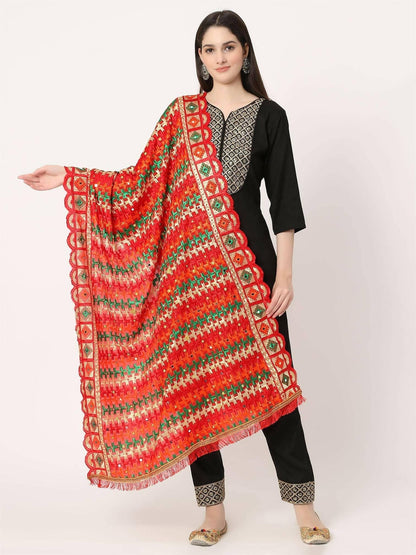 Red Mullticolour Embroidery Phulkari Dupatta with Mirror - HalfPe