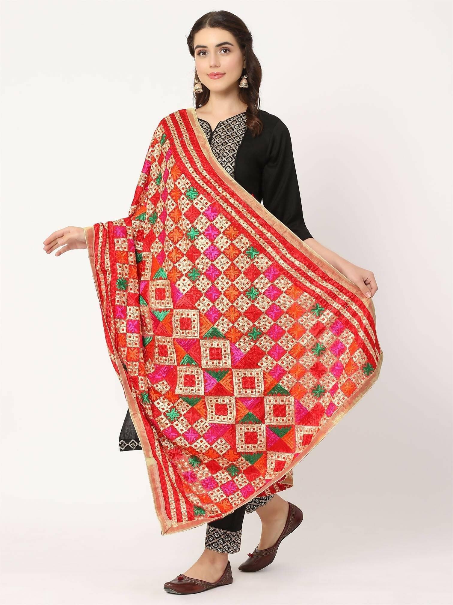 Red Multicolour Embroidery Phulkari Dupatta - HalfPe