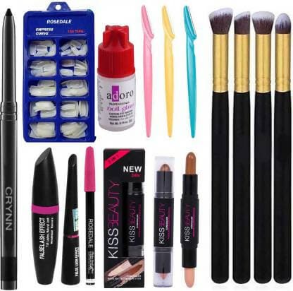 Crynn Rosedale Artificial Nail Glue & 3in1 Eyeliner Mascara Eyebrow Pencil & Kiss Beauty Contour Stick & Tinkles Eyebrow Hair Shaver (6 Items in the set) - HalfPe